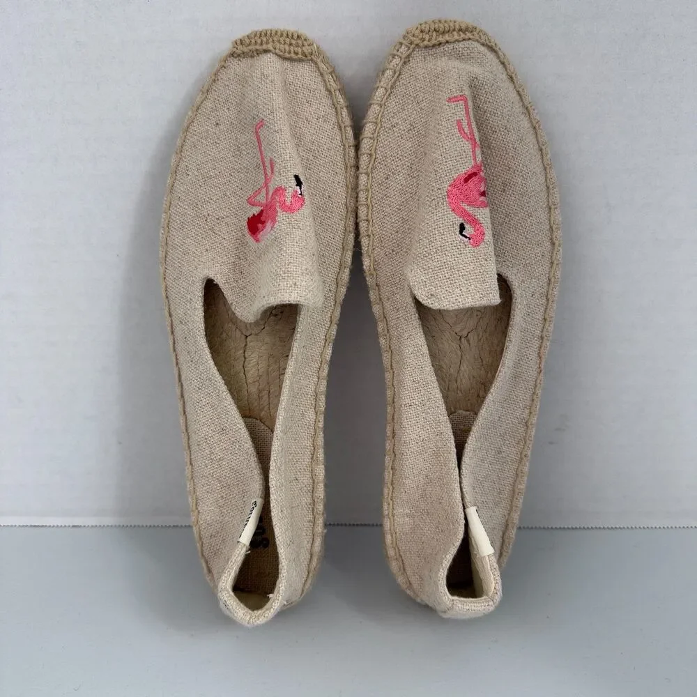 Soludos Espadrille Natural Slip On Shoes Pink Flamingo Embroidered Women's 7